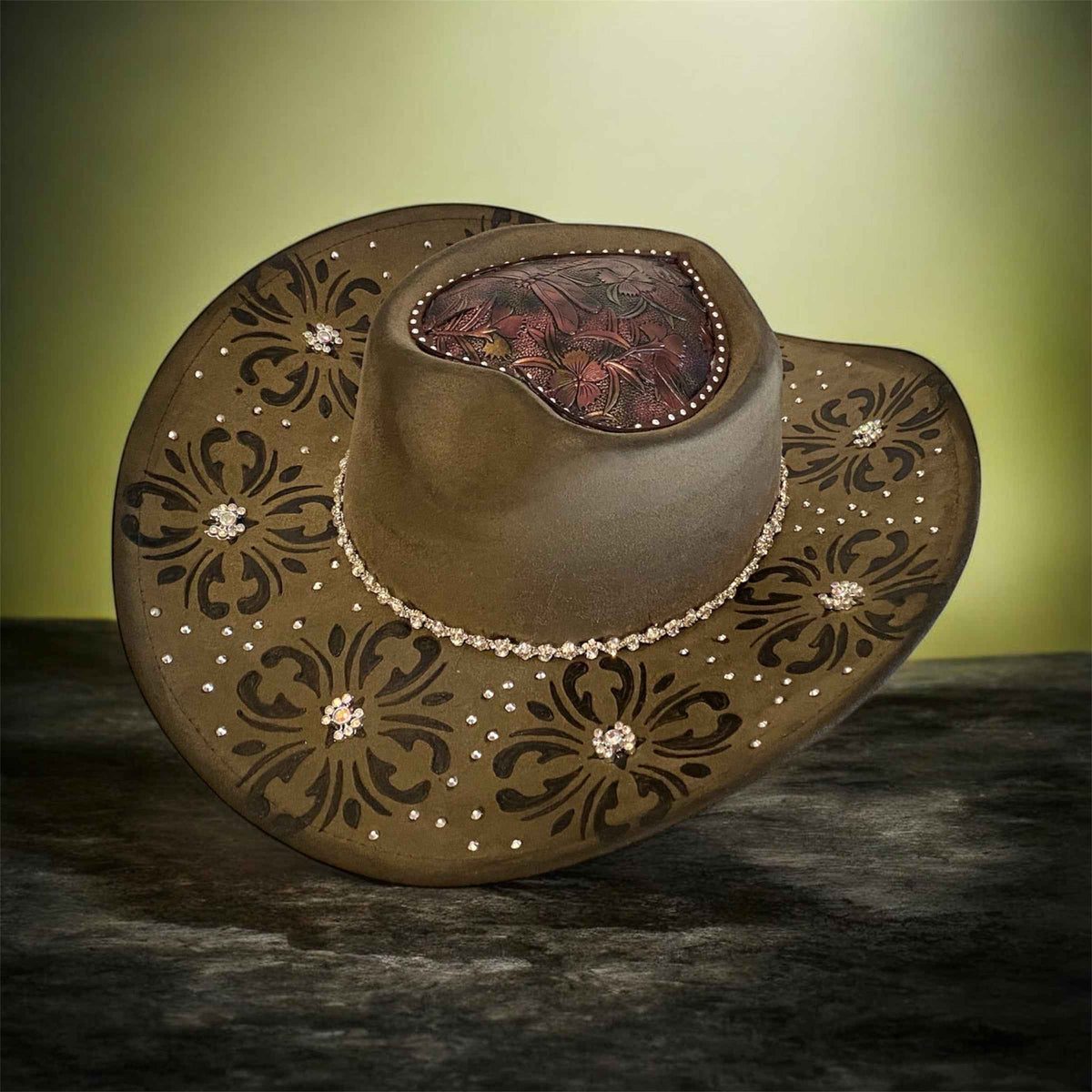 Custom Cowboy Hat with Diamantes – Diamonds & Dragonflies Deluxe Suedette Design