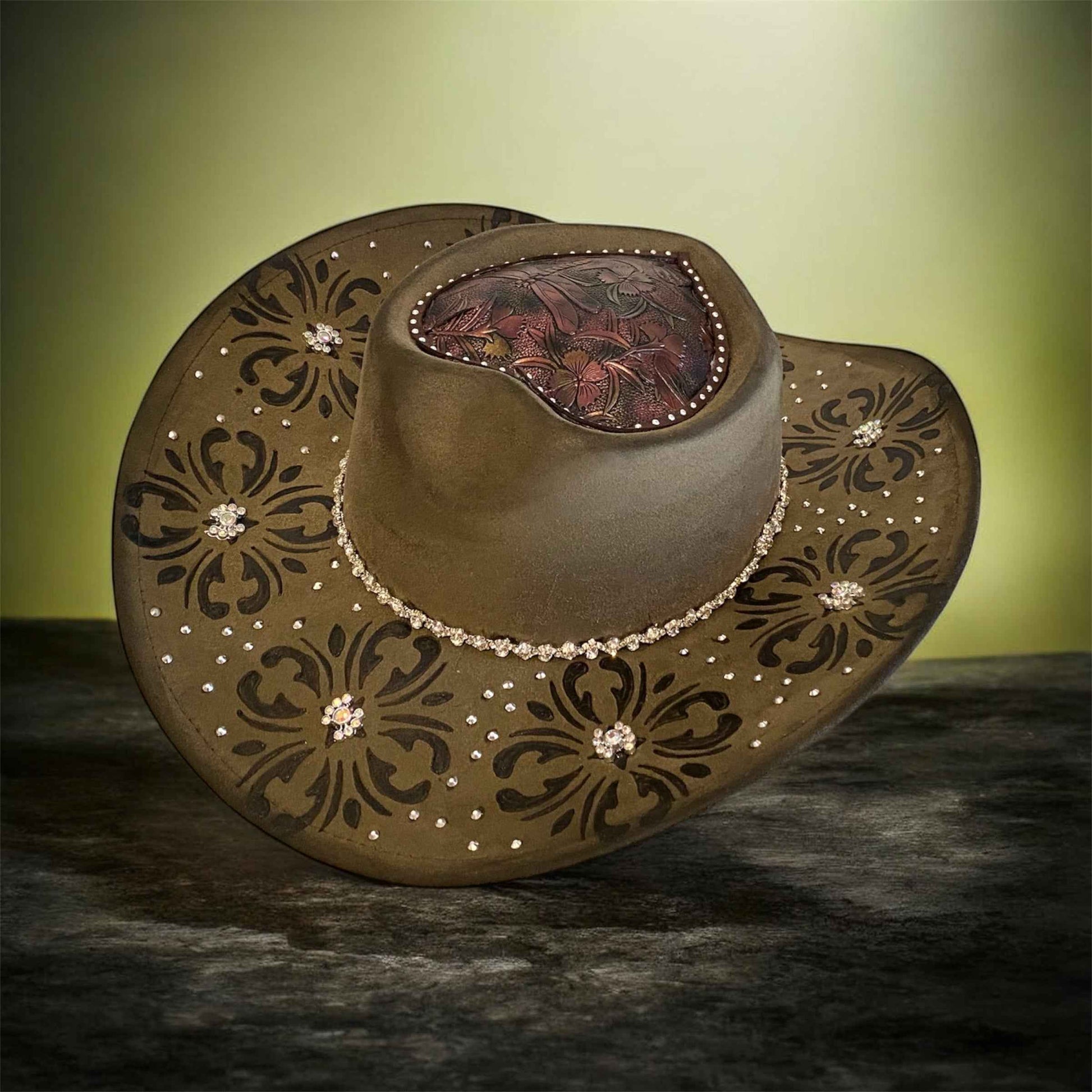 Custom Cowboy Hat with Diamantes – Diamonds & Dragonflies Deluxe Suedette Design
