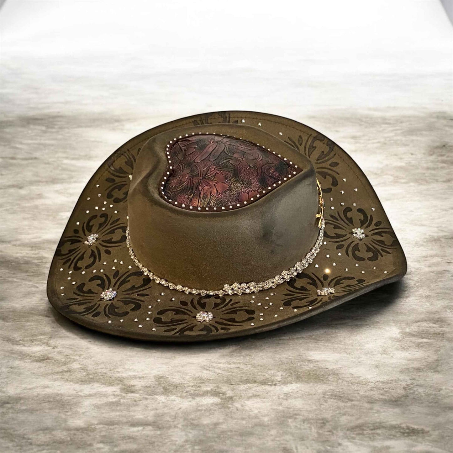 Custom Cowboy Hat with Diamantes – Diamonds & Dragonflies Deluxe Suedette Design