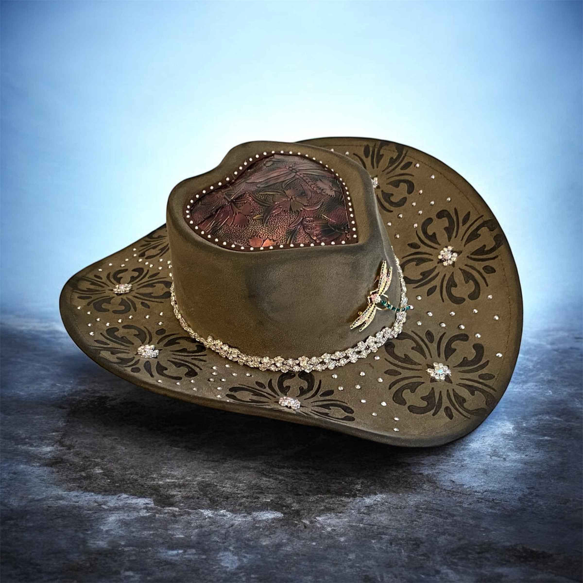 Custom Cowboy Hat with Diamantes – Diamonds & Dragonflies Deluxe Suedette Design
