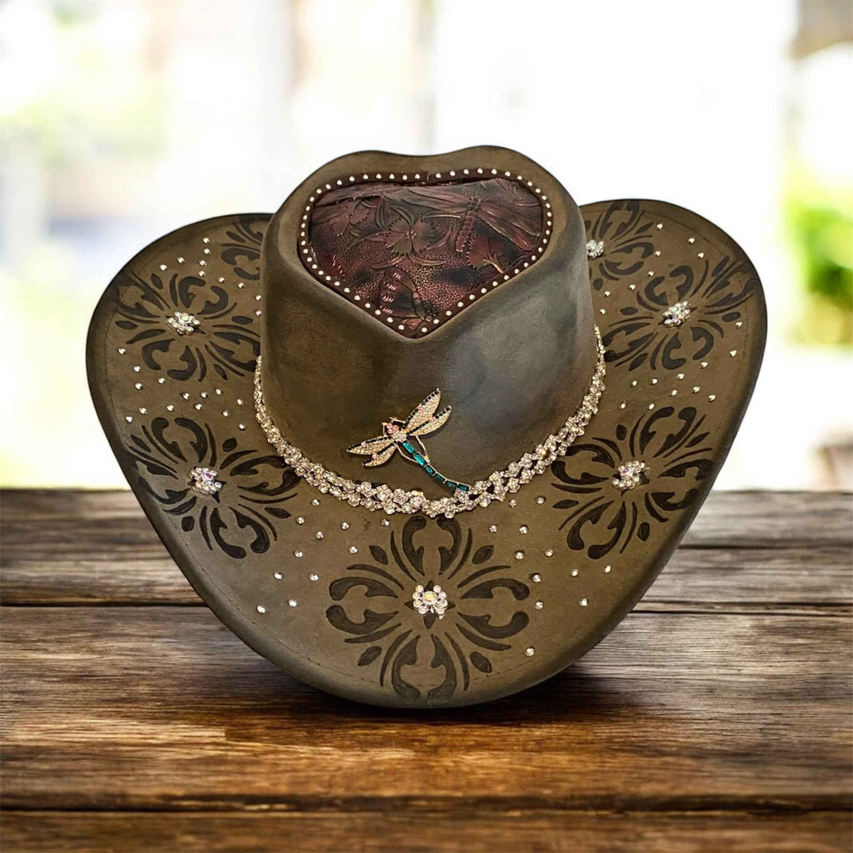 Custom Cowboy Hat with Diamantes – Diamonds & Dragonflies Deluxe Suedette Design