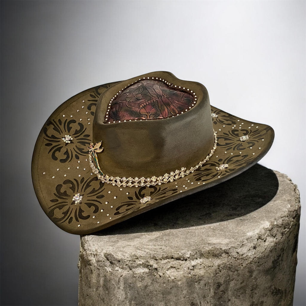 Vegan Suede Diamante Cowboy Hat: Diamonds & Dragonflies