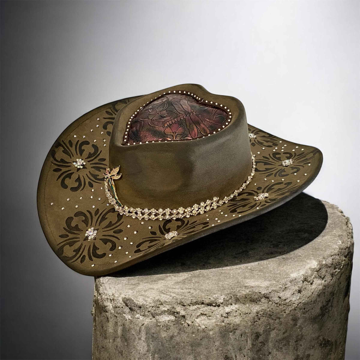 Custom Cowboy Hat with Diamantes – Diamonds & Dragonflies Deluxe Suedette Design