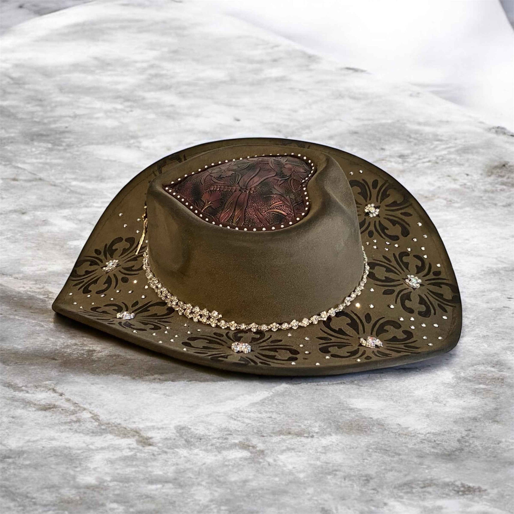 Custom Cowboy Hat with Diamantes – Diamonds & Dragonflies Deluxe Suedette Design