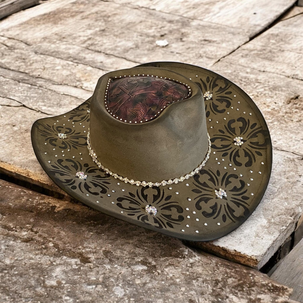 Vegan Suede Diamante Cowboy Hat: Diamonds & Dragonflies