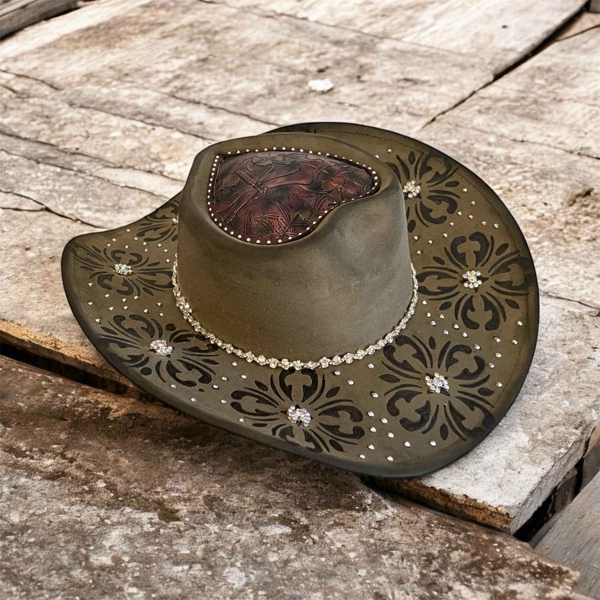 Custom Cowboy Hat with Diamantes – Diamonds & Dragonflies Deluxe Suedette Design