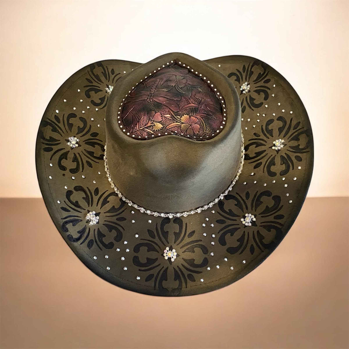 Custom Cowboy Hat with Diamantes – Diamonds & Dragonflies Deluxe Suedette Design