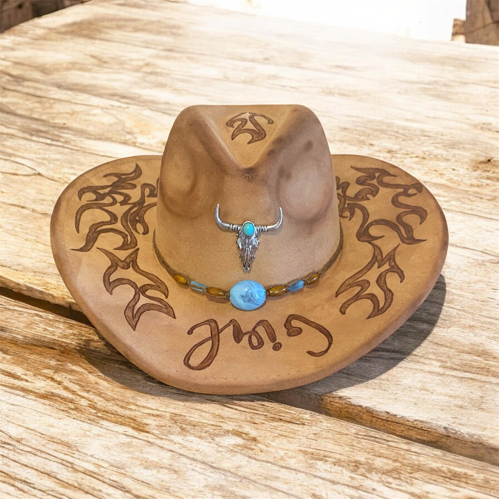 OOAK Custom Cowboy Hat "Girl You're On Fire!" Acorn Coloured Vegan Suede