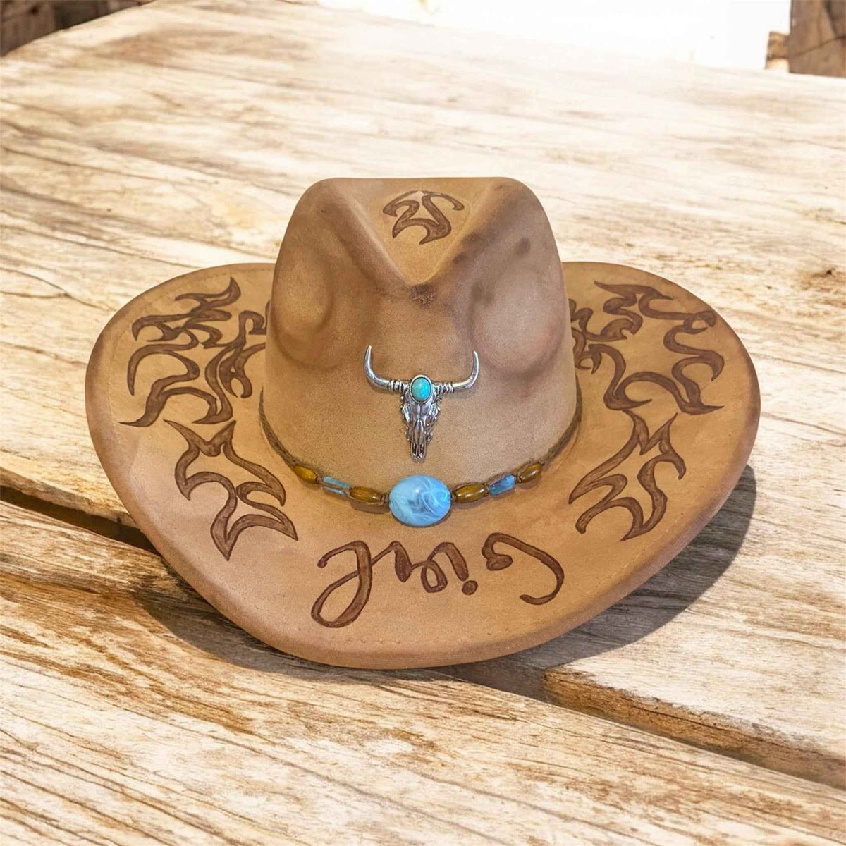 Custom Cowboy Hat: Shine Bright with Our 'Girl You're On Fire!' Design in Acorn Vegan Suede