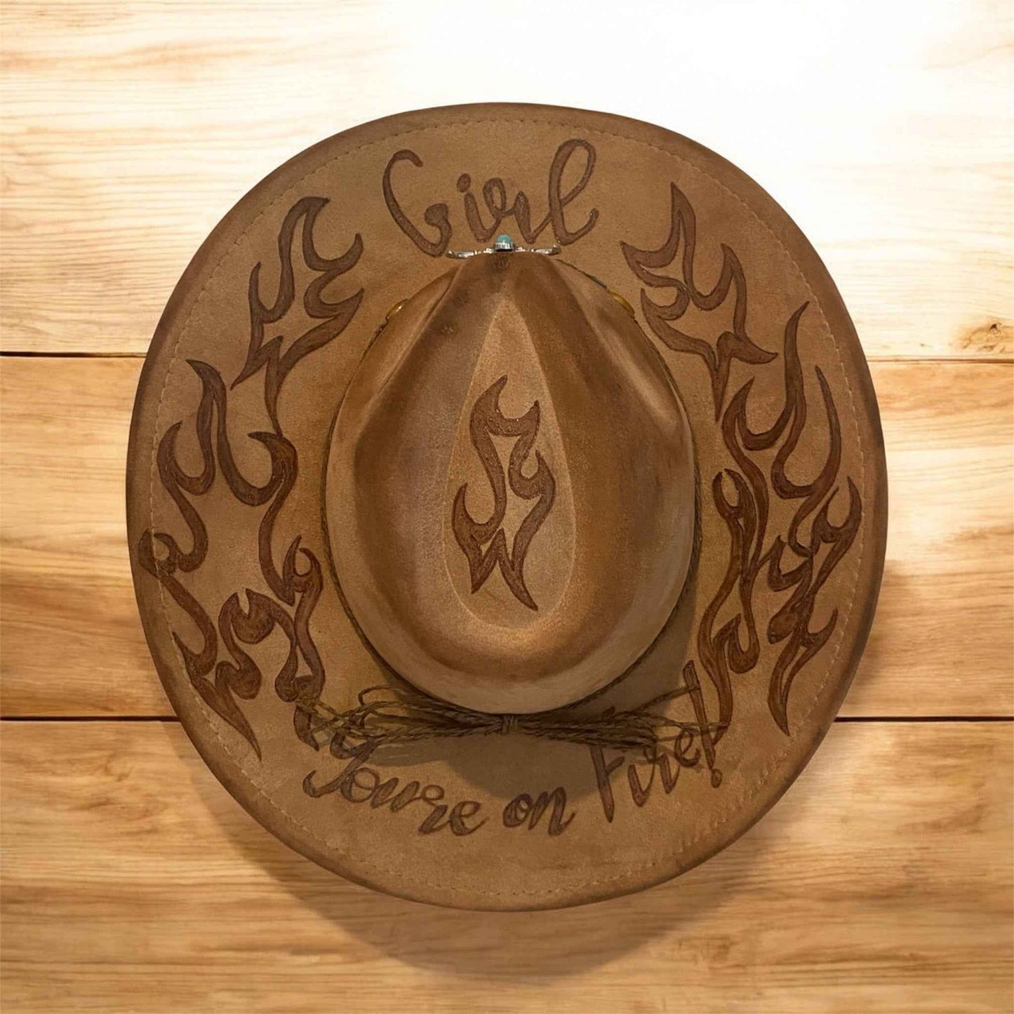 Custom Cowboy Hat: Shine Bright with Our 'Girl You're On Fire!' Design in Acorn Vegan Suede
