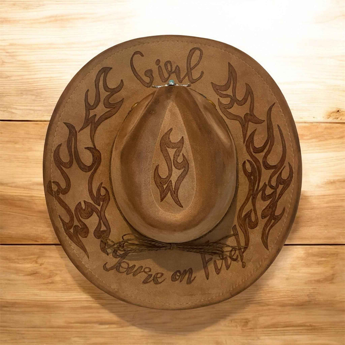 Custom Cowboy Hat: Shine Bright with Our 'Girl You're On Fire!' Design in Acorn Vegan Suede