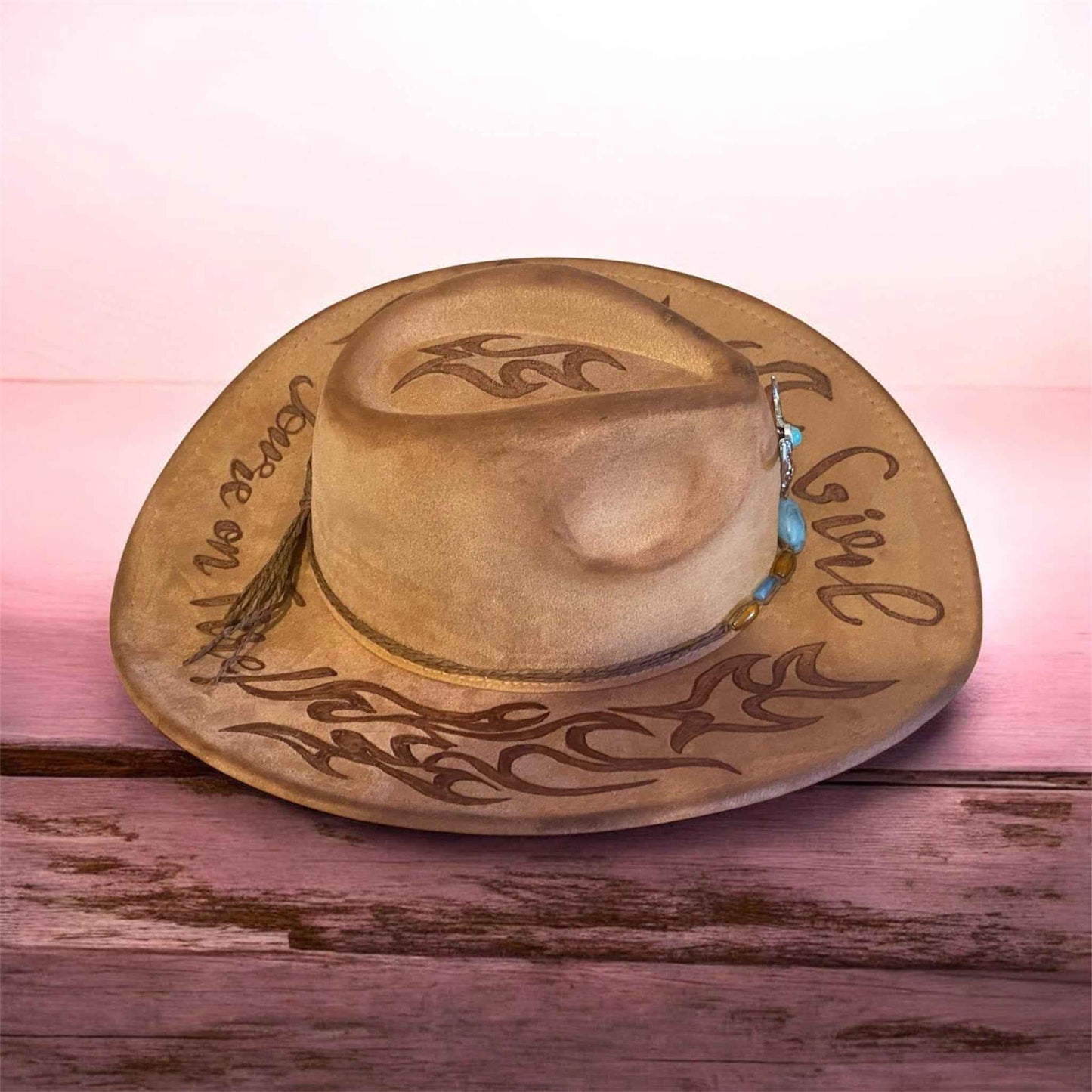 Custom Cowboy Hat: Shine Bright with Our 'Girl You're On Fire!' Design in Acorn Vegan Suede