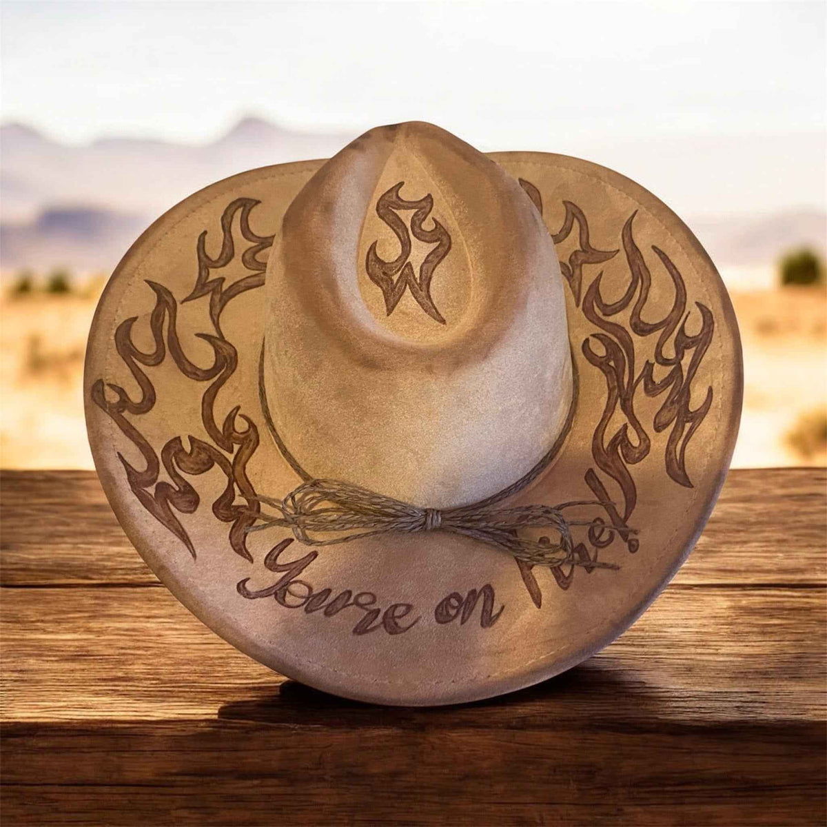 Custom Cowboy Hat: Shine Bright with Our 'Girl You're On Fire!' Design in Acorn Vegan Suede