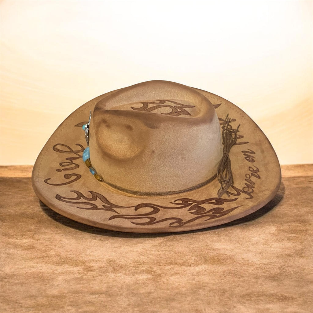 OOAK Custom Cowboy Hat "Girl You're On Fire!" Acorn Coloured Vegan Suede