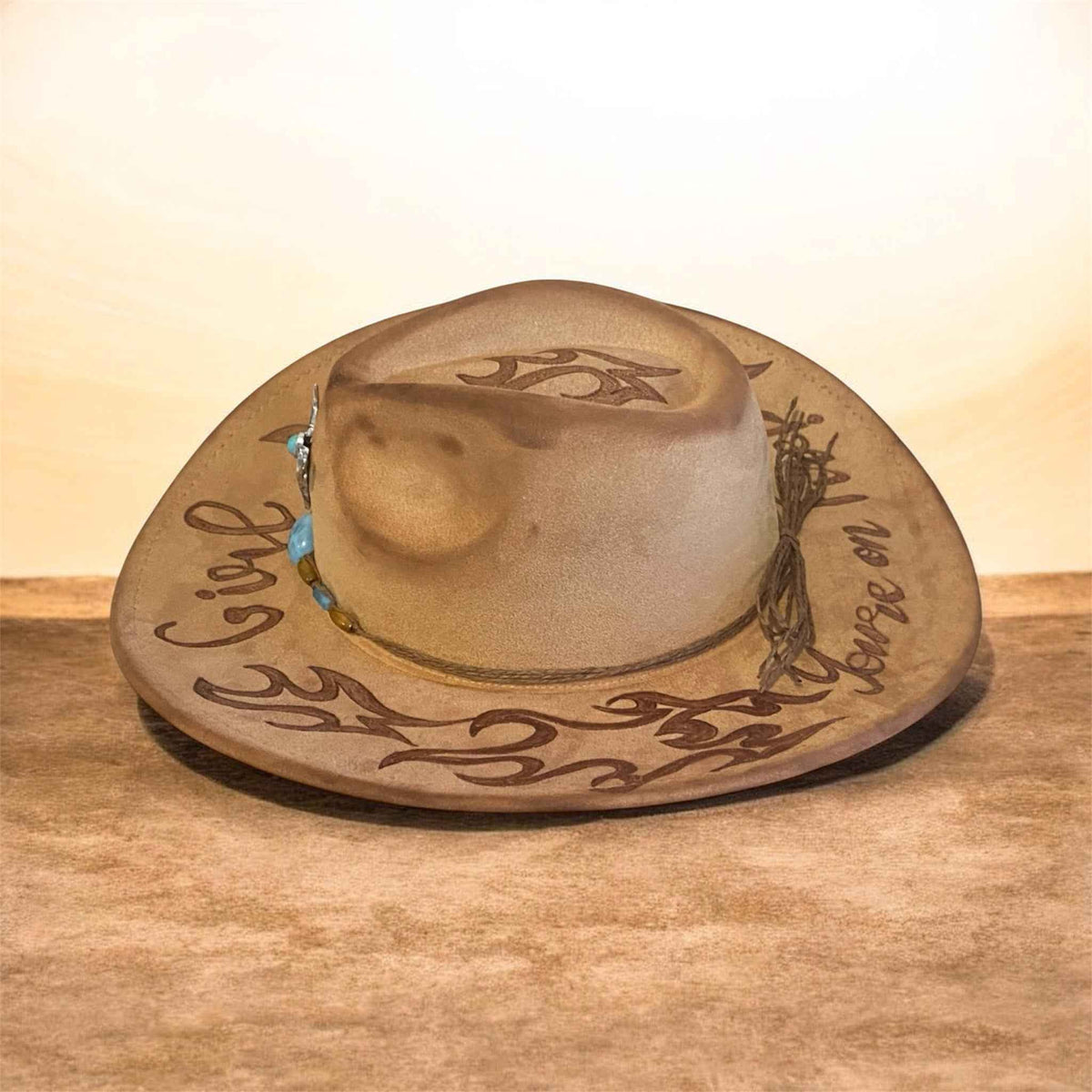 Custom Cowboy Hat: Shine Bright with Our 'Girl You're On Fire!' Design in Acorn Vegan Suede