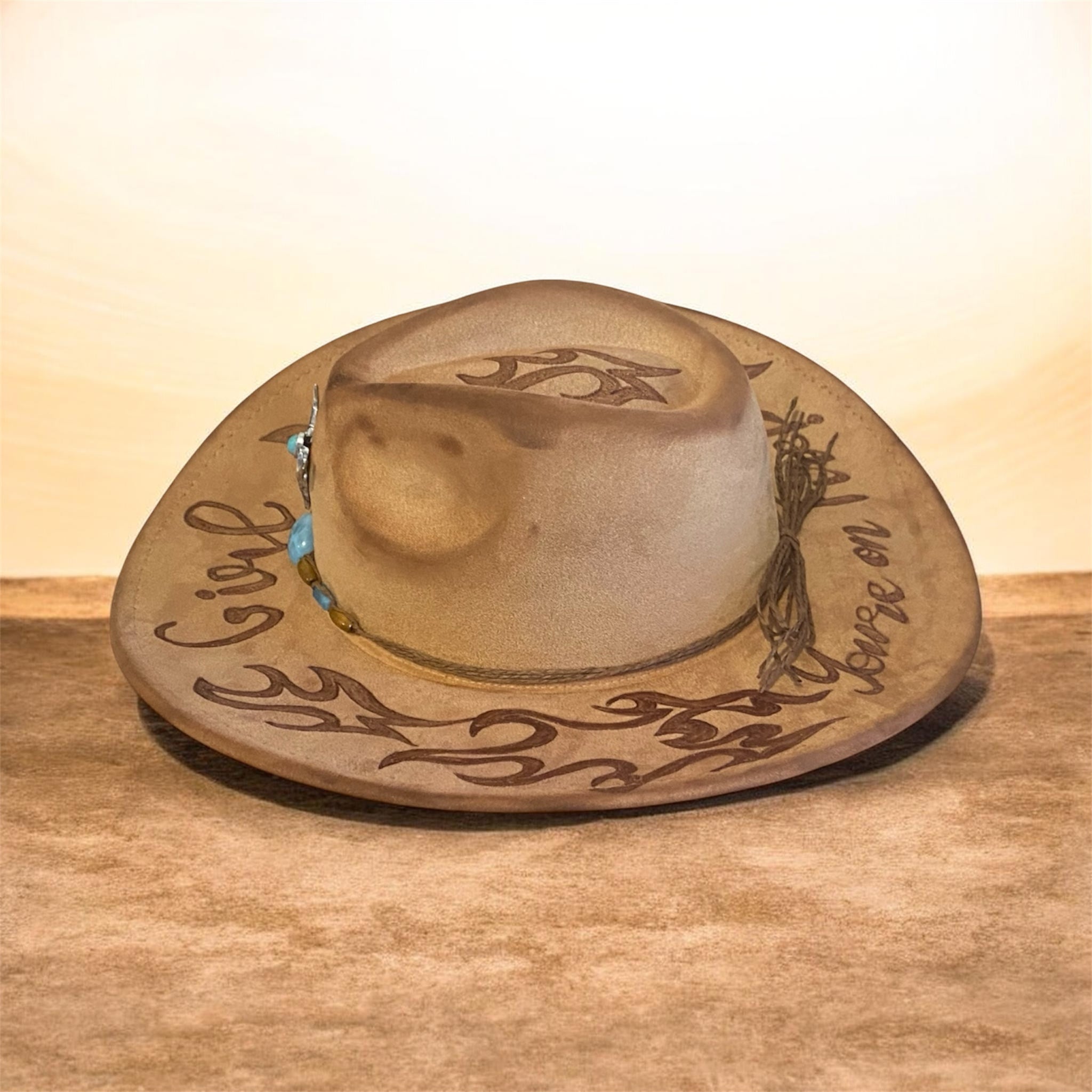 OOAK Custom Cowboy Hat "Girl You're On Fire!" Acorn Coloured Vegan Suede