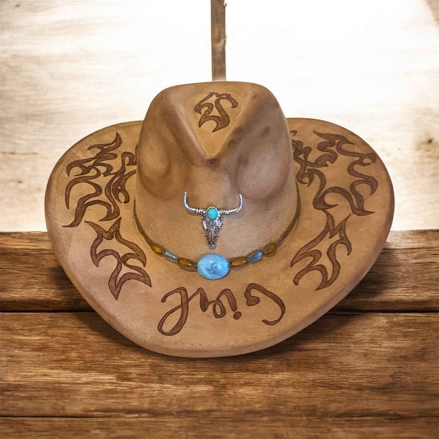 Custom Cowboy Hat: Shine Bright with Our 'Girl You're On Fire!' Design in Acorn Vegan Suede