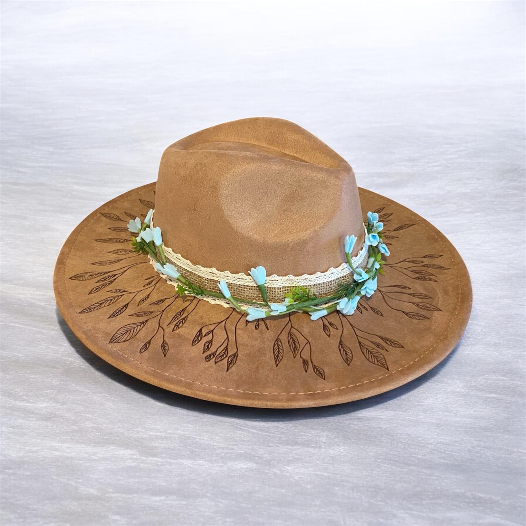 OOAK Custom Fedora Hat "On The Vine" Warm Taupe Coloured Vegan Suede