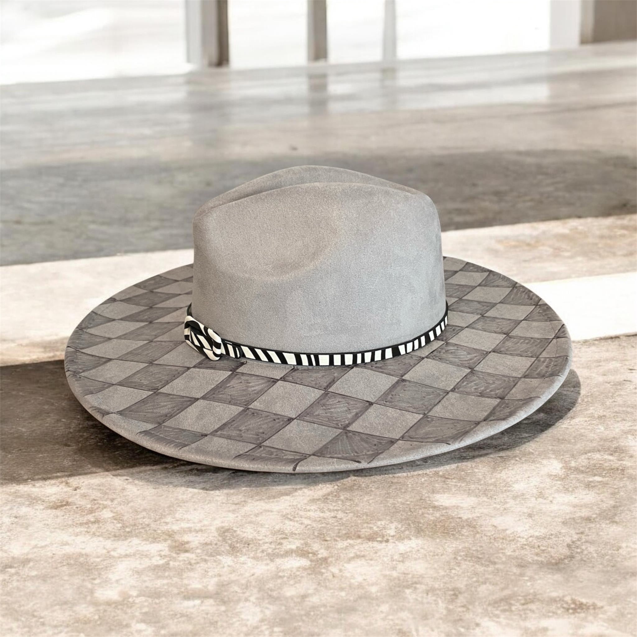 OOAK Custom Fedora Hat "Harlequin" Silver-Grey Coloured Vegan Suede