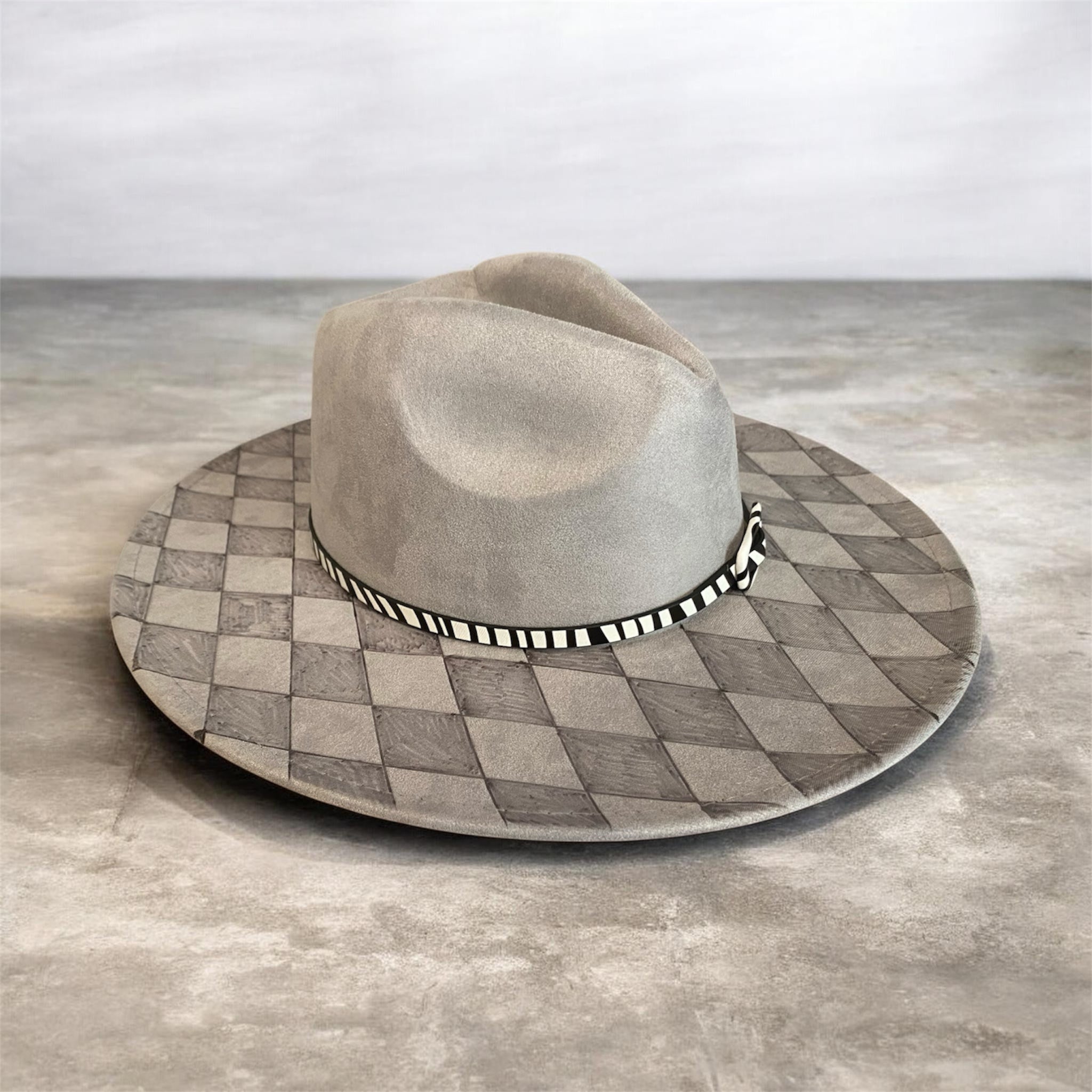 OOAK Custom Fedora Hat "Harlequin" Silver-Grey Coloured Vegan Suede