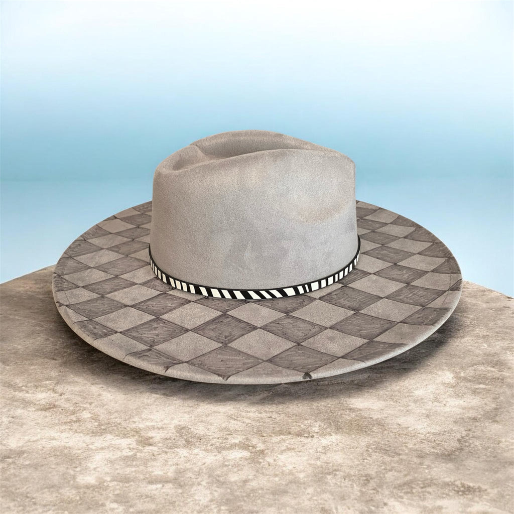 OOAK Custom Fedora Hat "Harlequin" Silver-Grey Coloured Vegan Suede