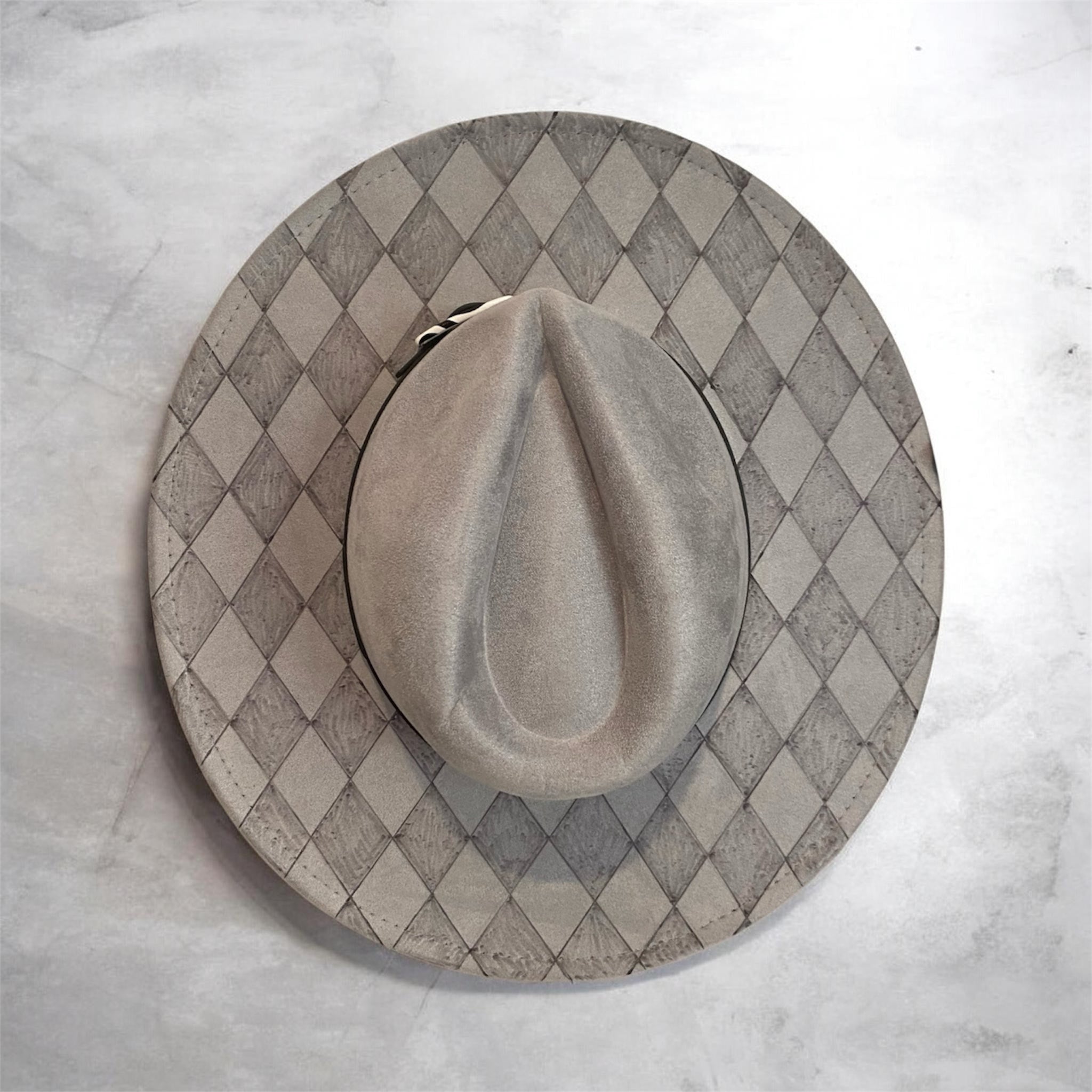 OOAK Custom Fedora Hat "Harlequin" Silver-Grey Coloured Vegan Suede