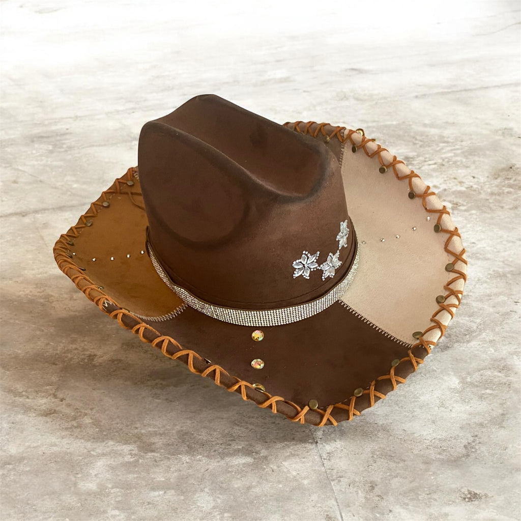 Vegan Suede Custom Cowboy Hat "Rhinestones & Rivets" Multicolour, one of a kind