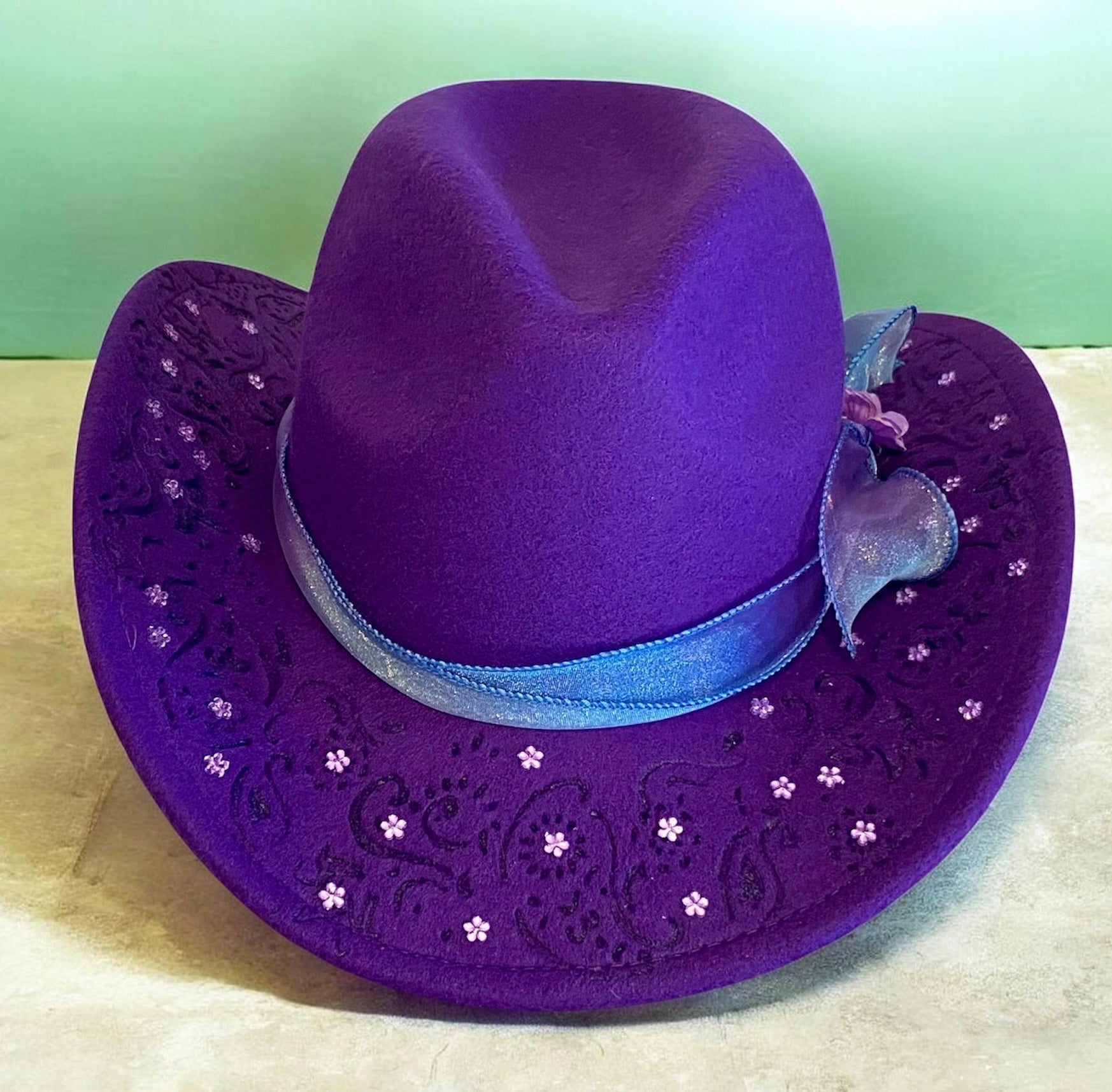 Custom Felt Cowboy Hat "Colour Me Purple" Rhinestones & Paisley Pattern