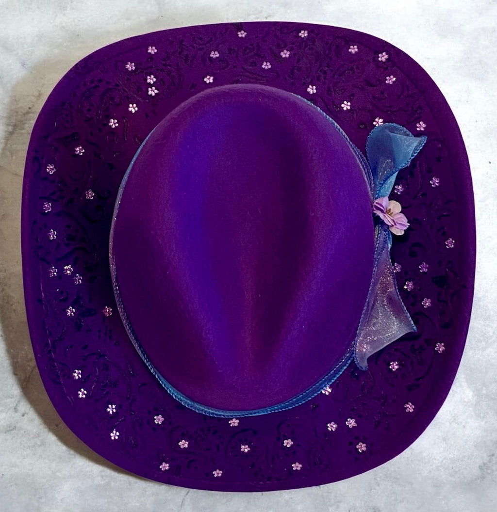 Custom Felt Cowboy Hat "Colour Me Purple" Rhinestones & Paisley Pattern