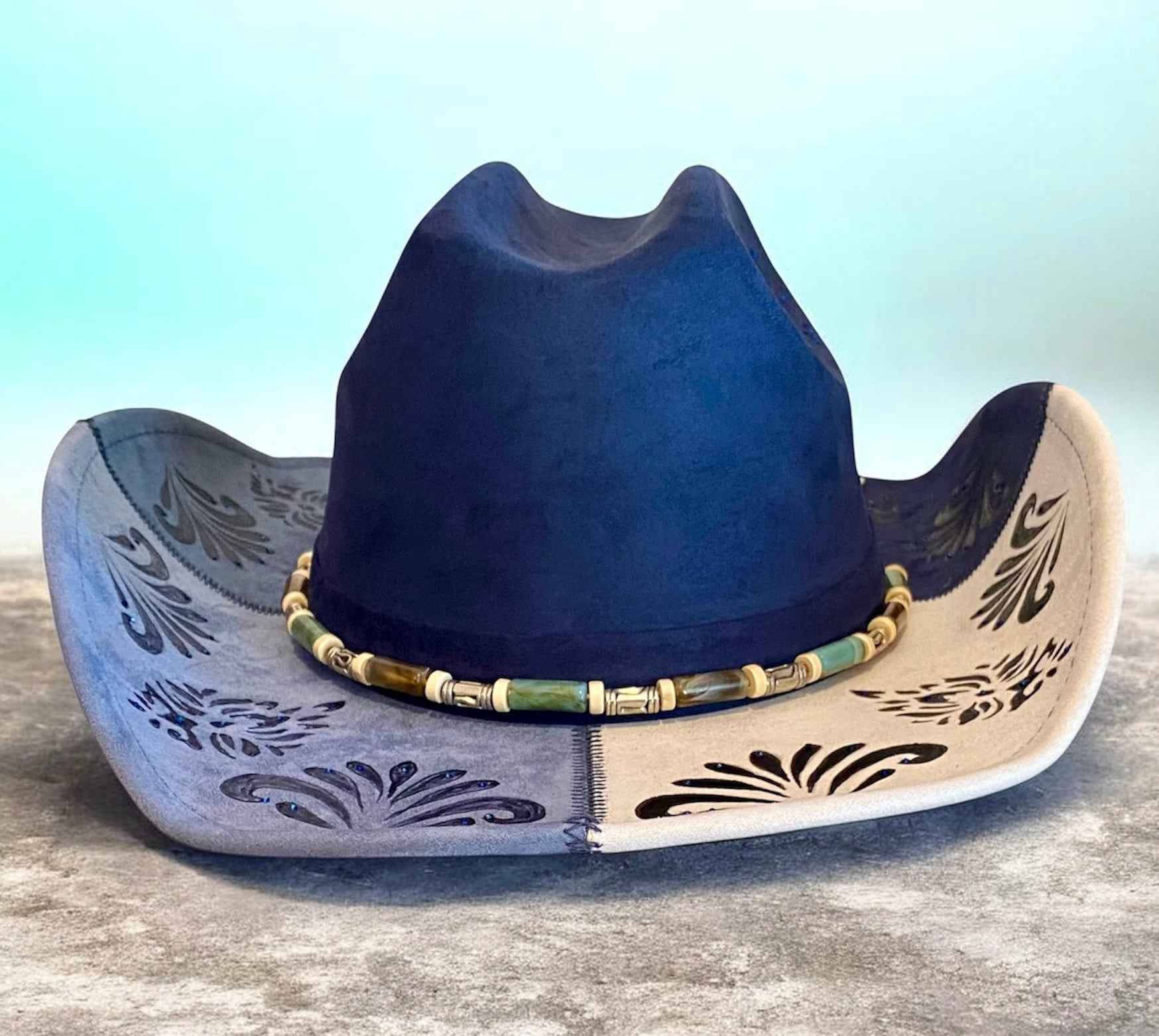 Deluxe Suedette Cowboy Hat - Mandala Blue, Stylish & Unique 4-Panel Design