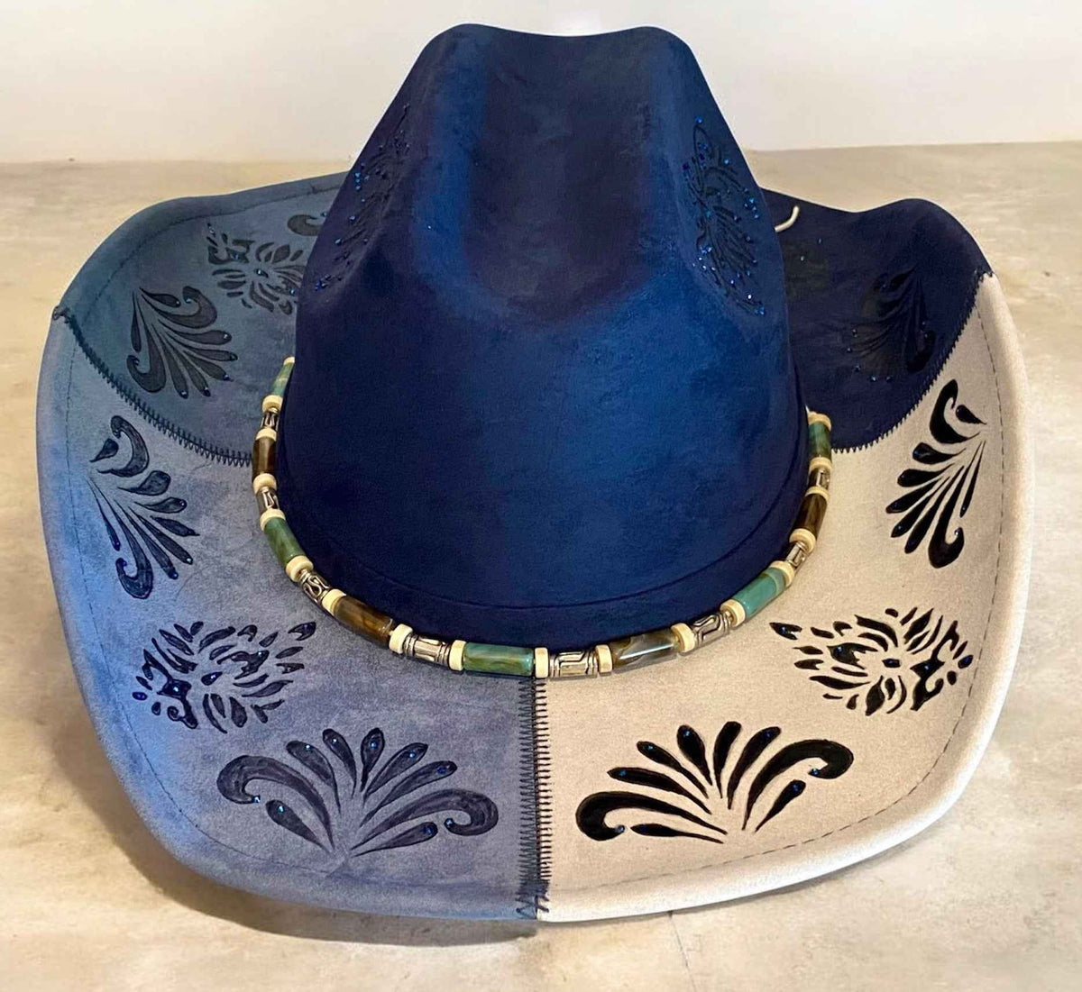 Deluxe Suedette Cowboy Hat - Mandala Blue, Stylish & Unique 4-Panel Design