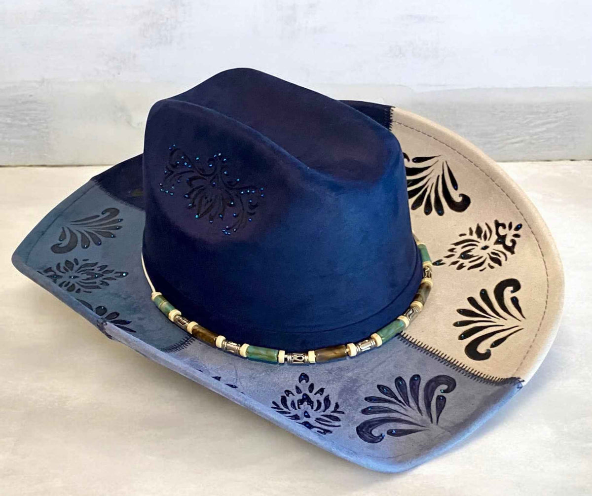 Deluxe Suedette Cowboy Hat - Mandala Blue, Stylish & Unique 4-Panel Design