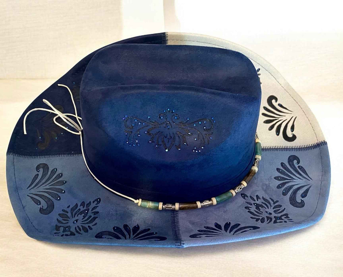 Deluxe Suedette Cowboy Hat - Mandala Blue, Stylish & Unique 4-Panel Design