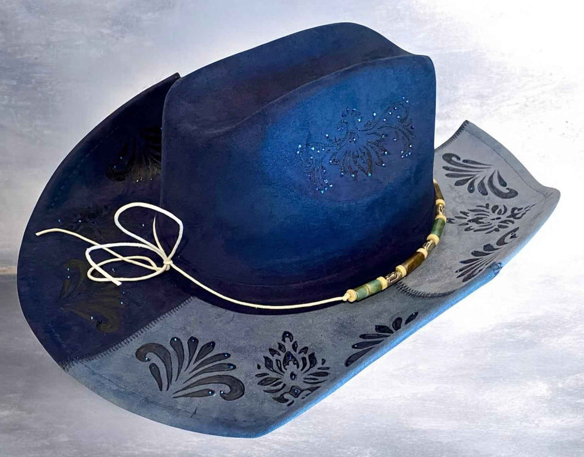 Deluxe Suedette Cowboy Hat - Mandala Blue, Stylish & Unique 4-Panel Design