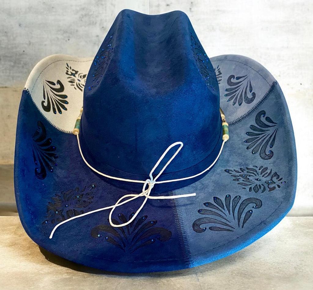 Custom Cowboy Hat "Mandala Blue" Cattleman Crown