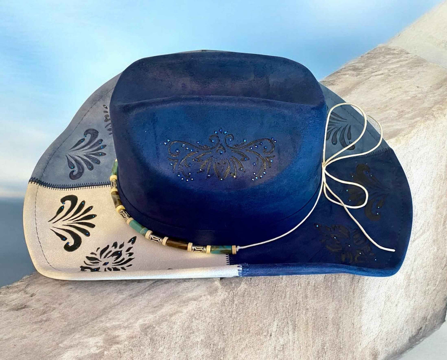 Deluxe Suedette Cowboy Hat - Mandala Blue, Stylish & Unique 4-Panel Design