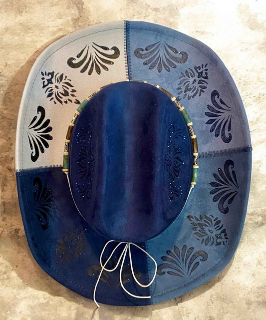 Deluxe Suedette Cowboy Hat - Mandala Blue, Stylish & Unique 4-Panel Design