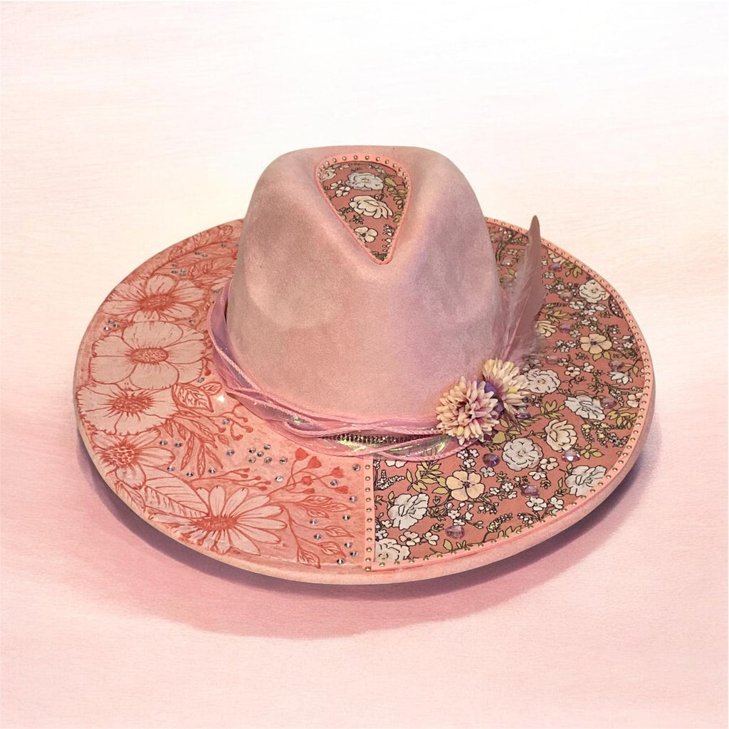 Vegan Suede Custom Cowboy Hat "Pretty In Pink Flowers" Diamante