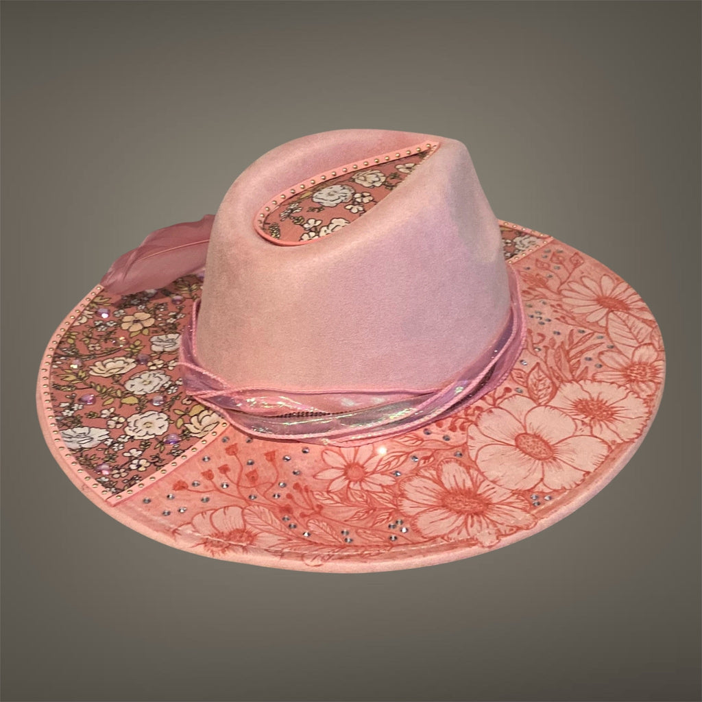 Vegan Suede Custom Cowboy Hat "Pretty In Pink Flowers" Diamante