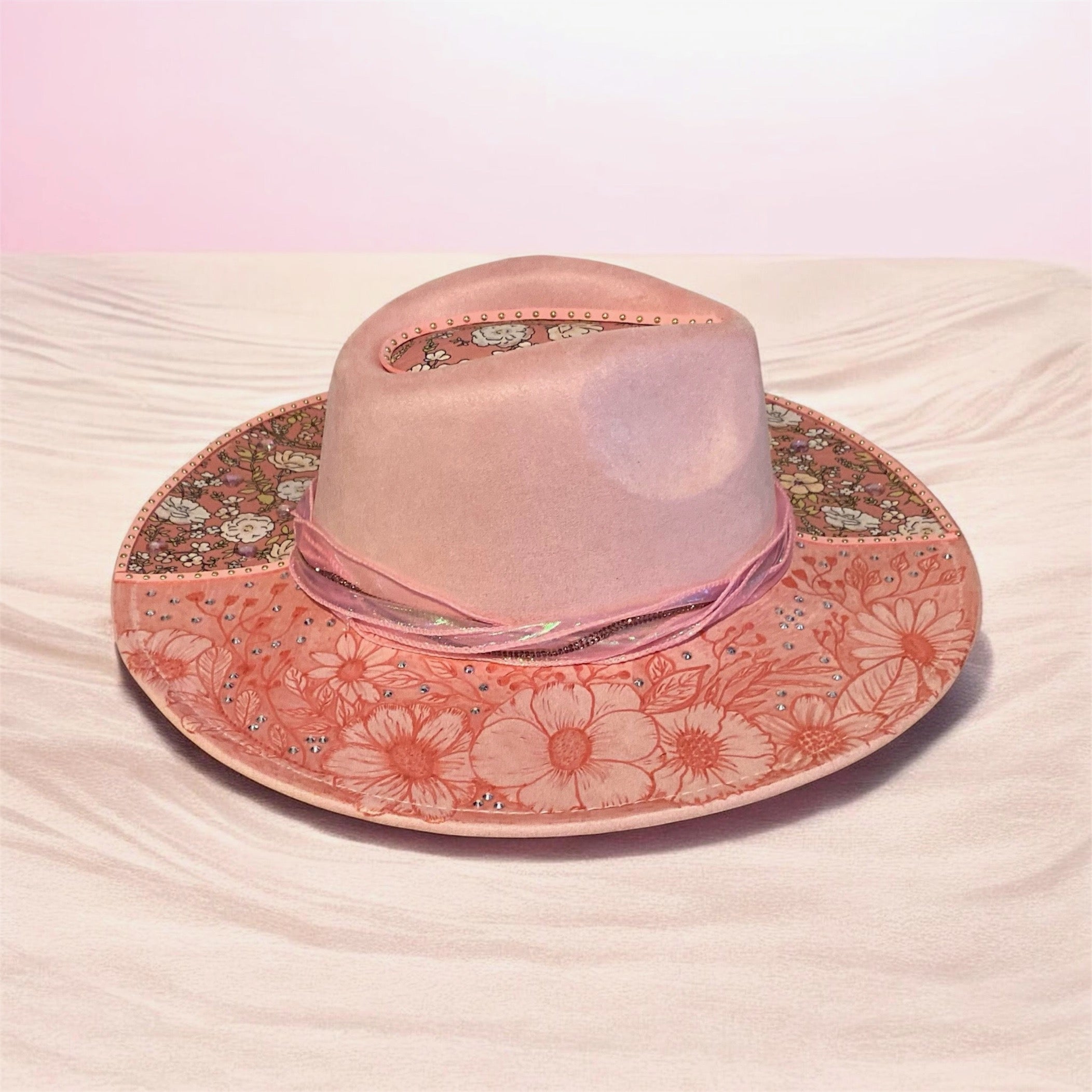 Vegan Suede Custom Cowboy Hat "Pretty In Pink Flowers" Diamante