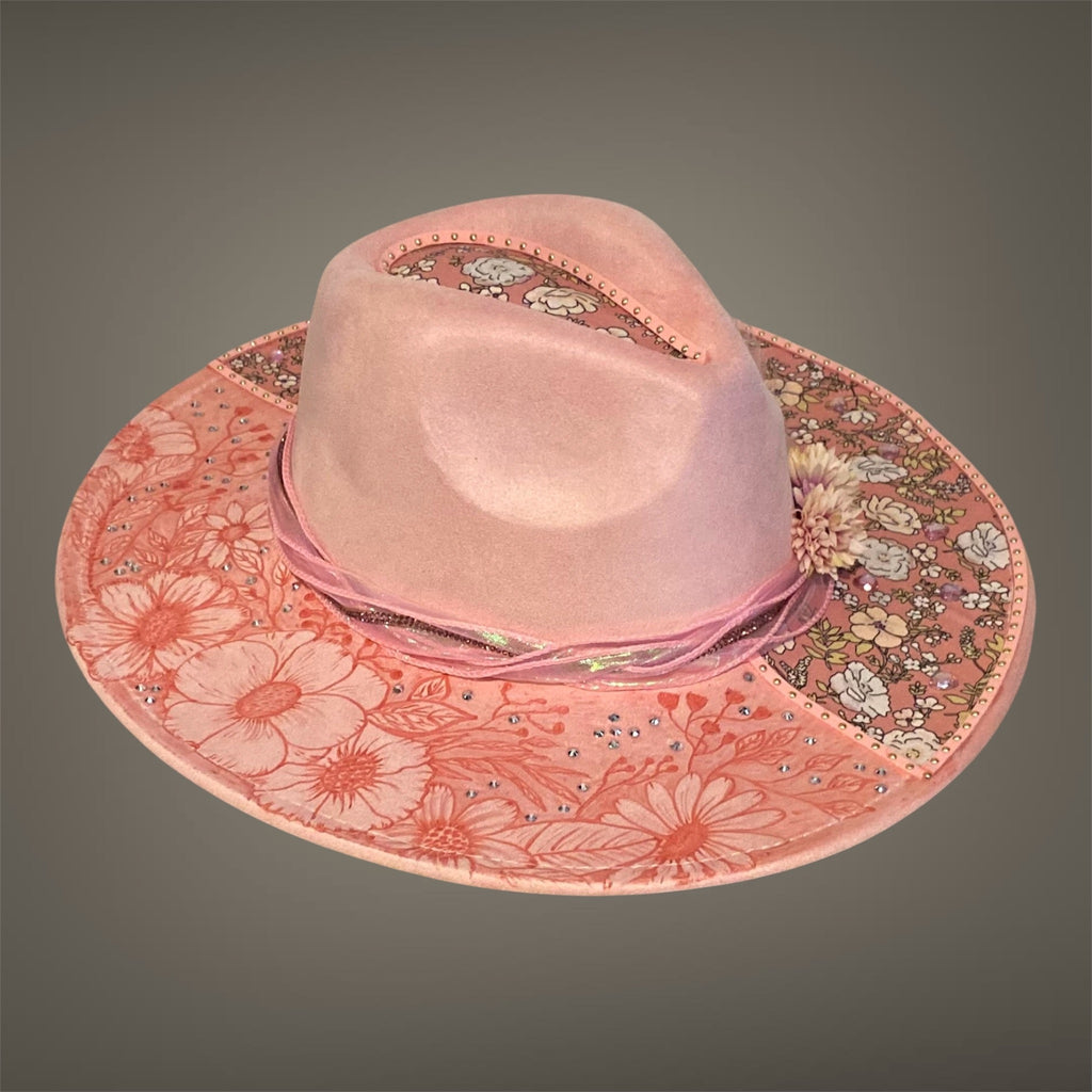 Vegan Suede Custom Cowboy Hat "Pretty In Pink Flowers" Diamante