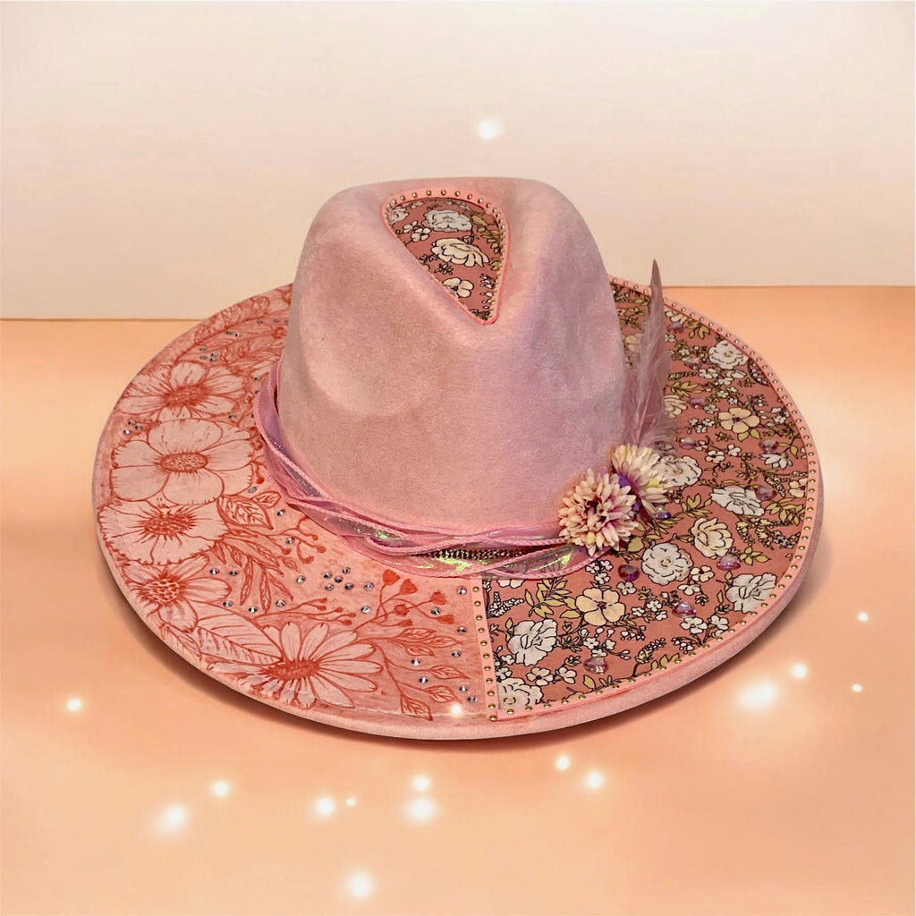 Vegan Suede Custom Cowboy Hat "Pretty In Pink Flowers" Diamante