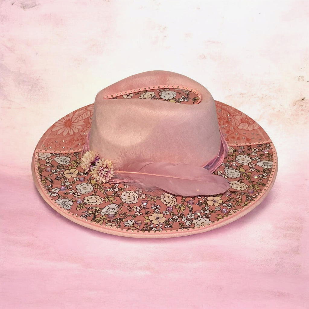 Vegan Suede Custom Cowboy Hat "Pretty In Pink Flowers" Diamante
