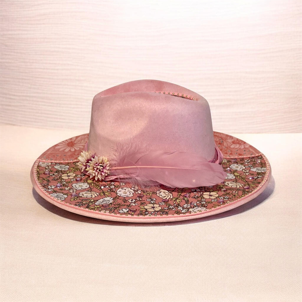 Vegan Suede Custom Cowboy Hat "Pretty In Pink Flowers" Diamante