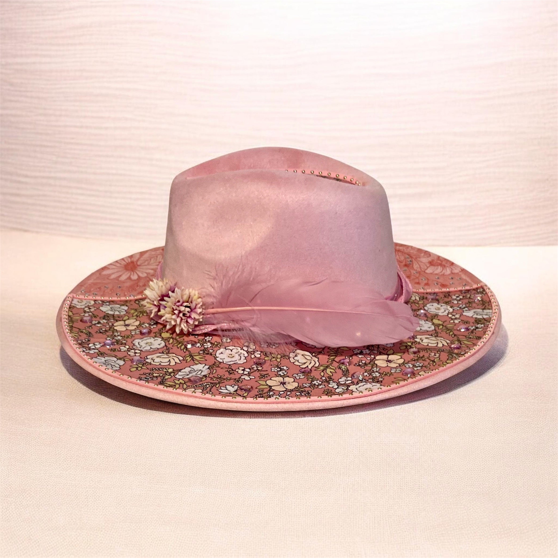 Vegan Suede Custom Cowboy Hat "Pretty In Pink Flowers" Diamante