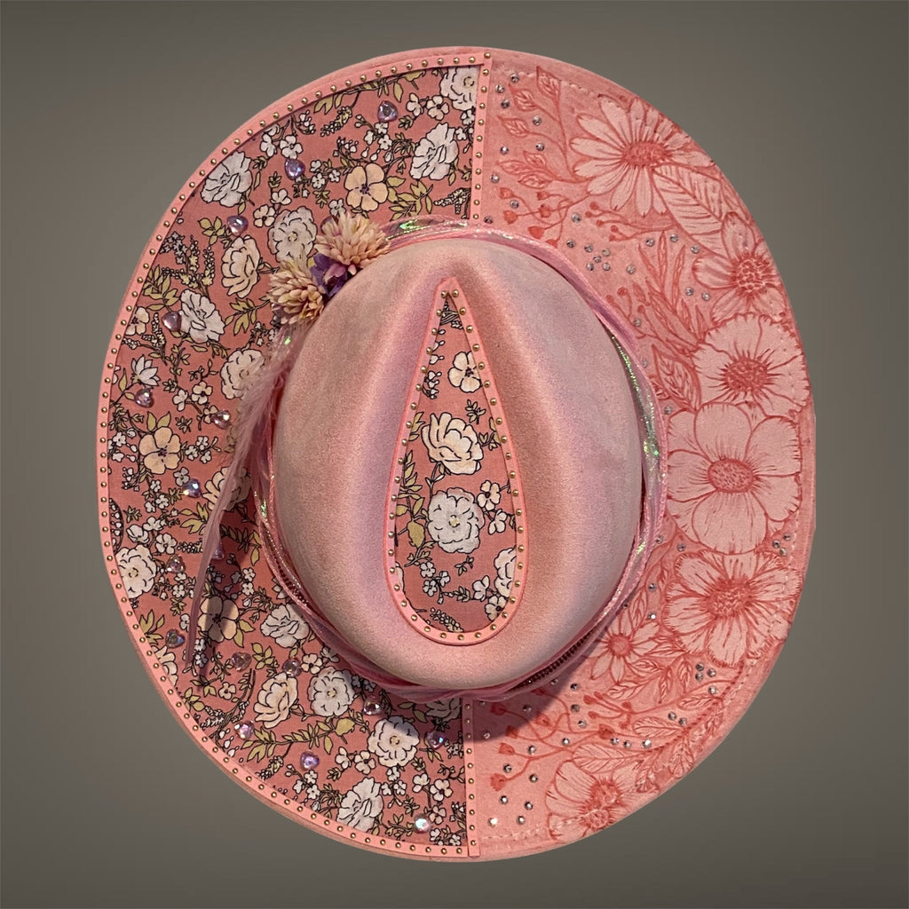 Vegan Suede Custom Cowboy Hat "Pretty In Pink Flowers" Diamante