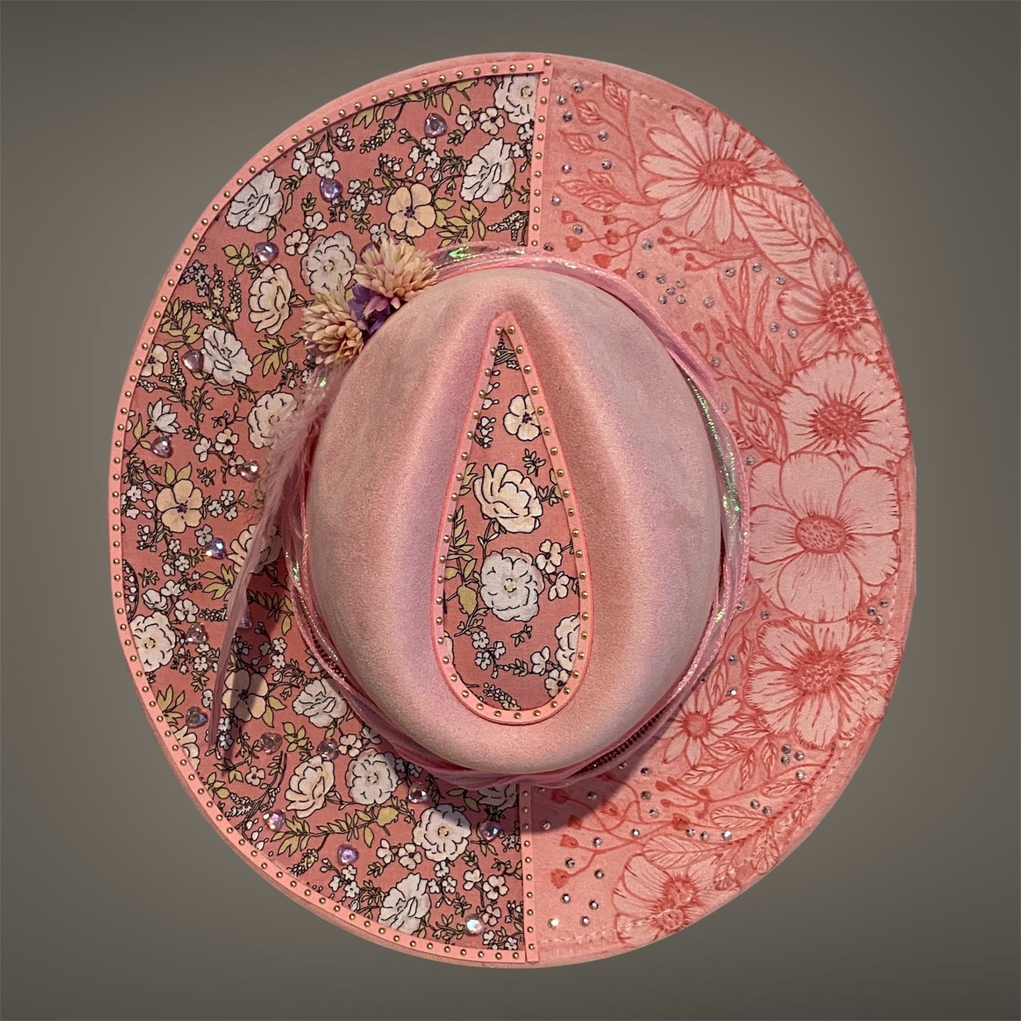 Vegan Suede Custom Cowboy Hat "Pretty In Pink Flowers" Diamante