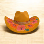 Acorn Hibiscus Cowboy Hat, Hand burned and Hand painted