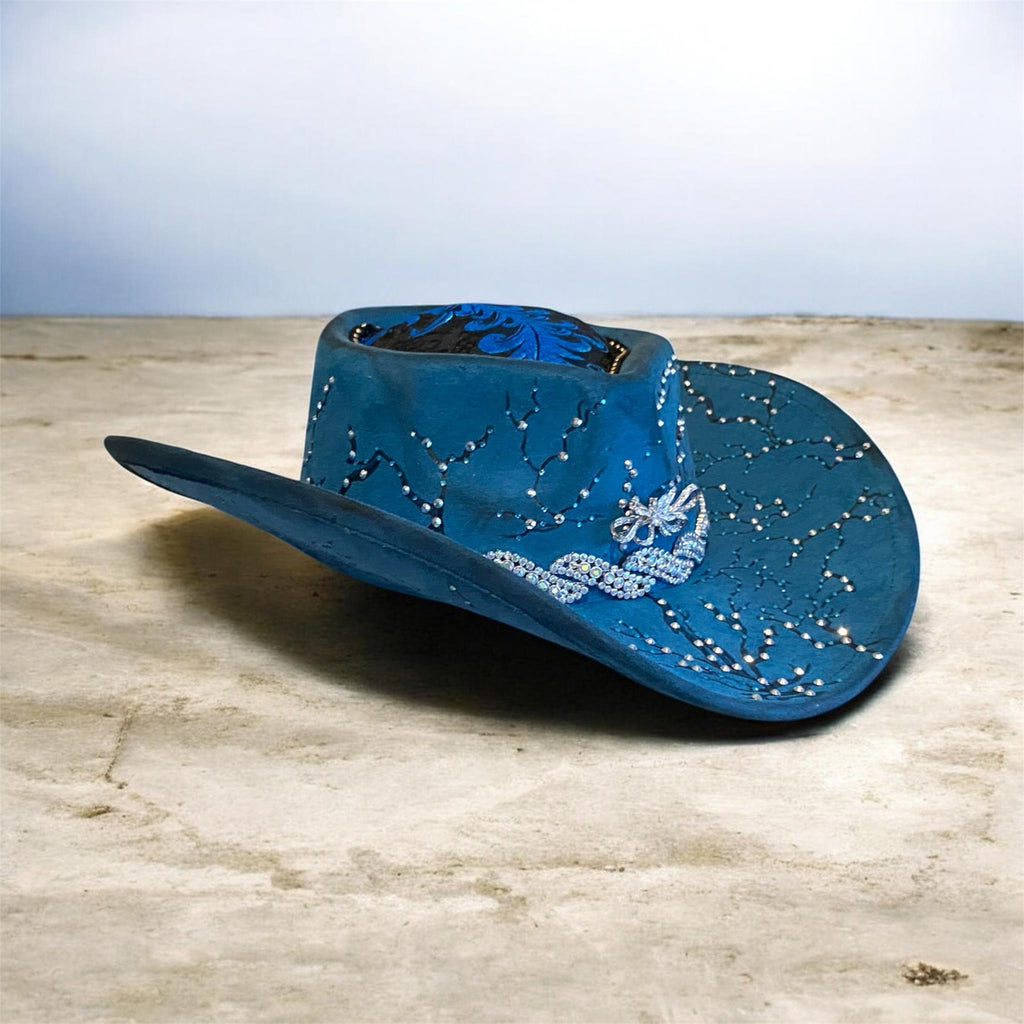 Deluxe Suedette Heart Crown Diamante Cowboy Hat, "Blue Fire Lady"