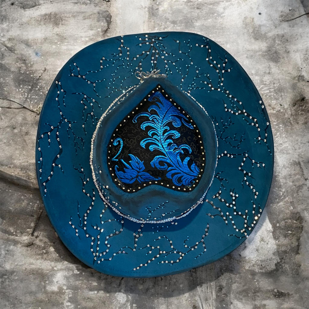 Deluxe Suedette Heart Crown Diamante Cowboy Hat, "Blue Fire Lady"